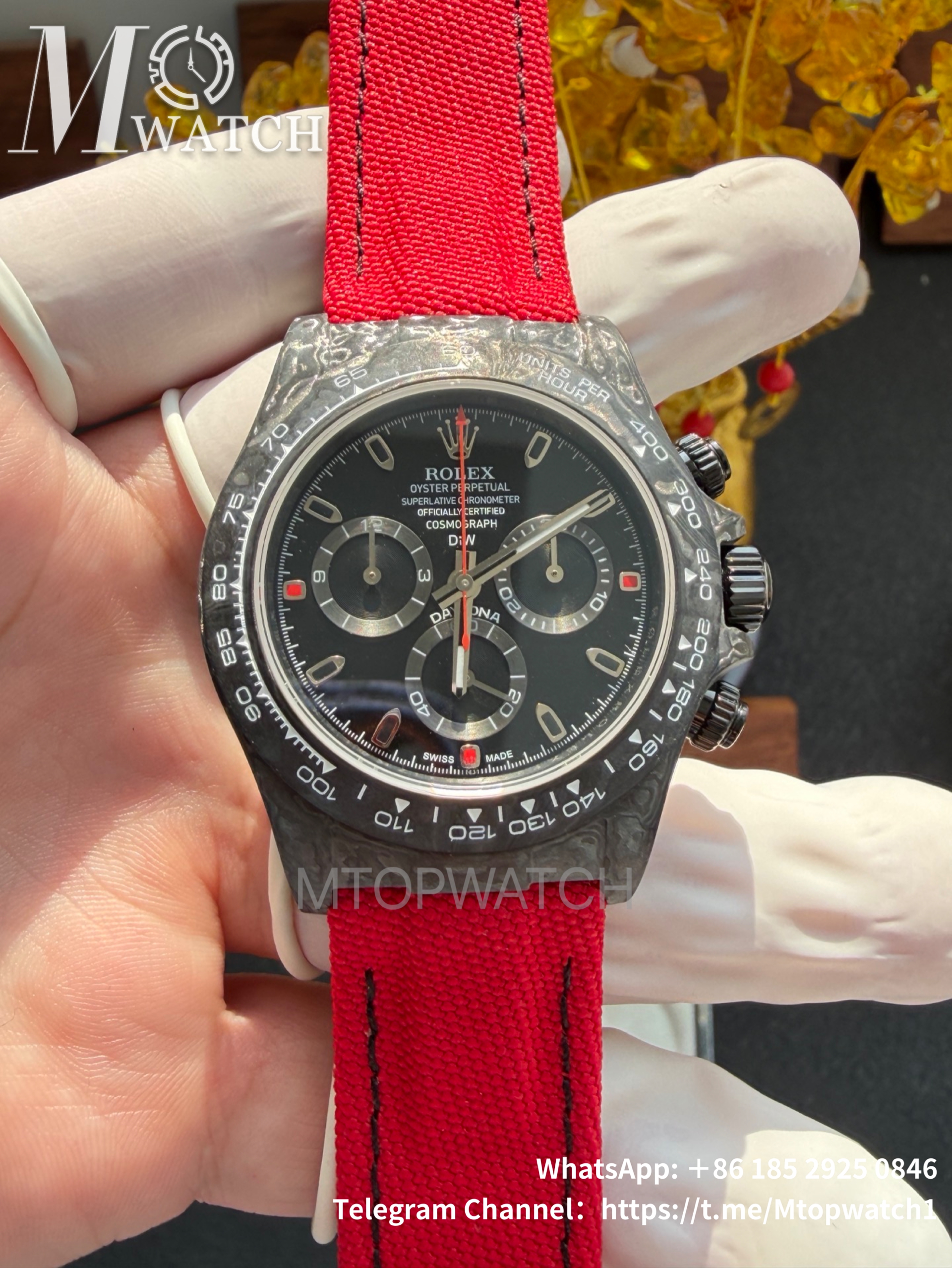ROLEX - SUPER CLONE Daytona DiW 40mm Black Carbon/NY Red NOOB DD4130