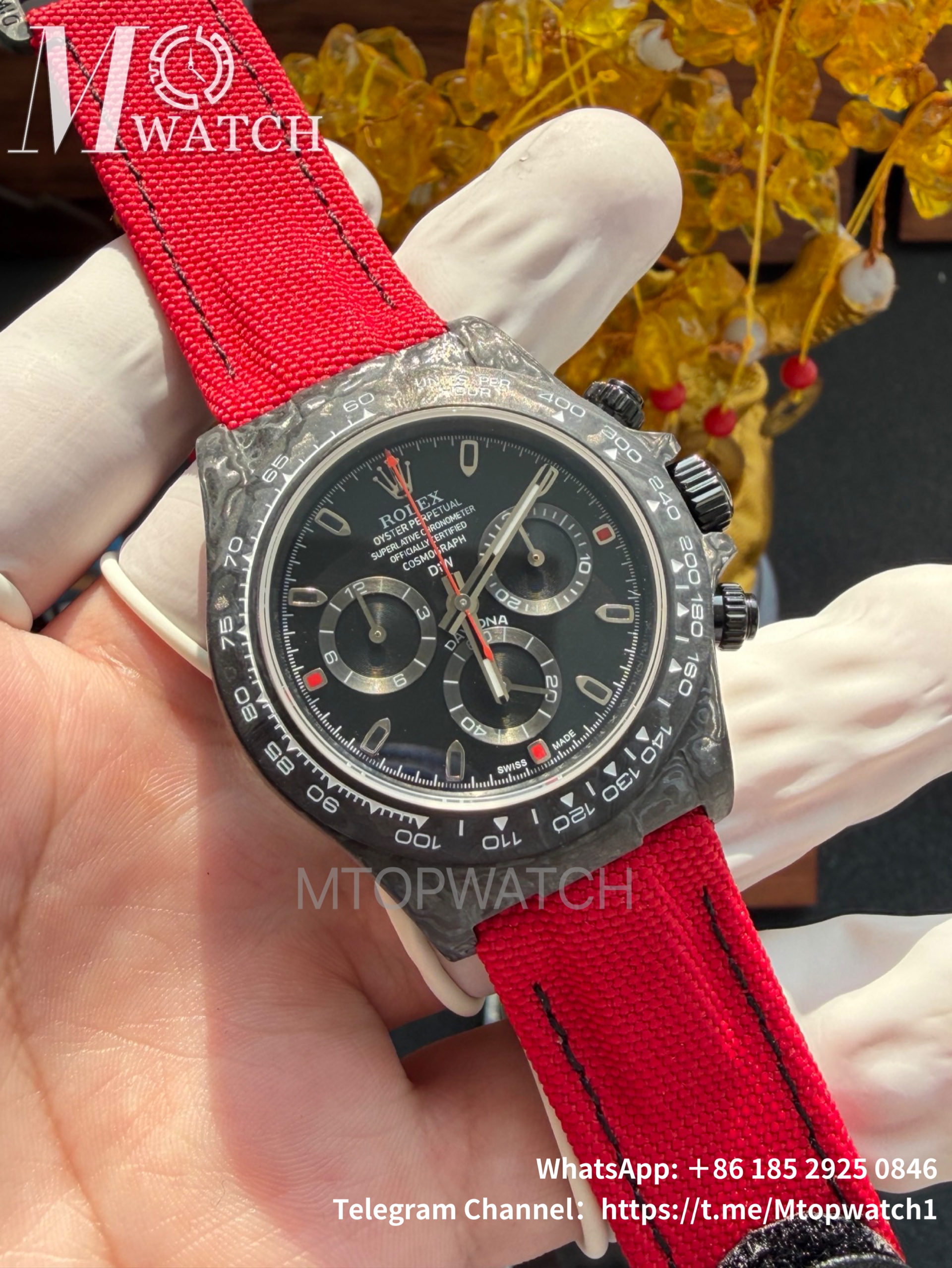 ROLEX - SUPER CLONE Daytona DiW 40mm Black Carbon/NY Red NOOB DD4130