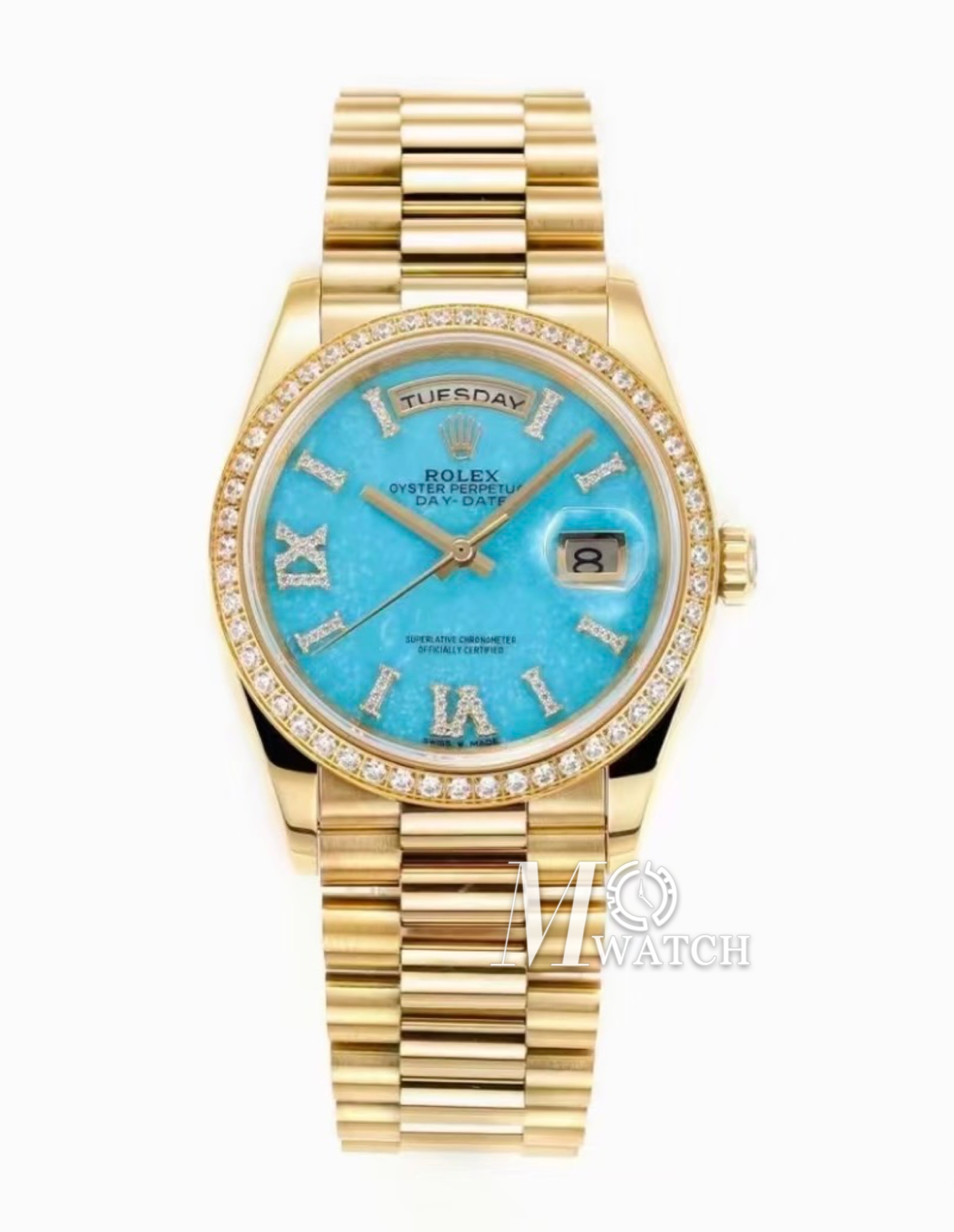 ROLEX - SUPER CLONE DayDate 128238 36mm YG/YG Turquoise/Dia A2836 Gold Wrapped