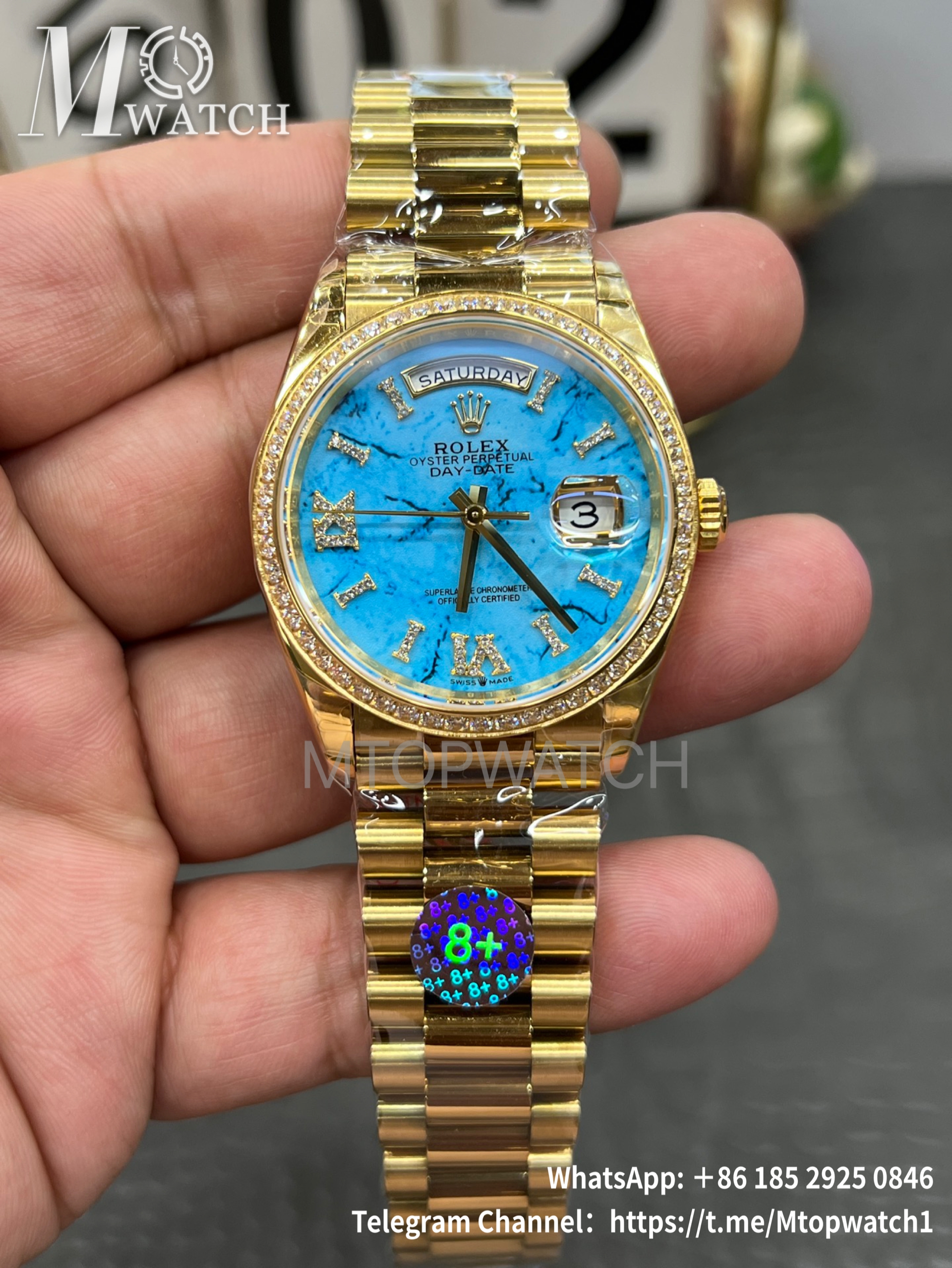 ROLEX - SUPER CLONE DayDate 128238 36mm YG/YG Turquoise/Dia A2836 Gold Wrapped