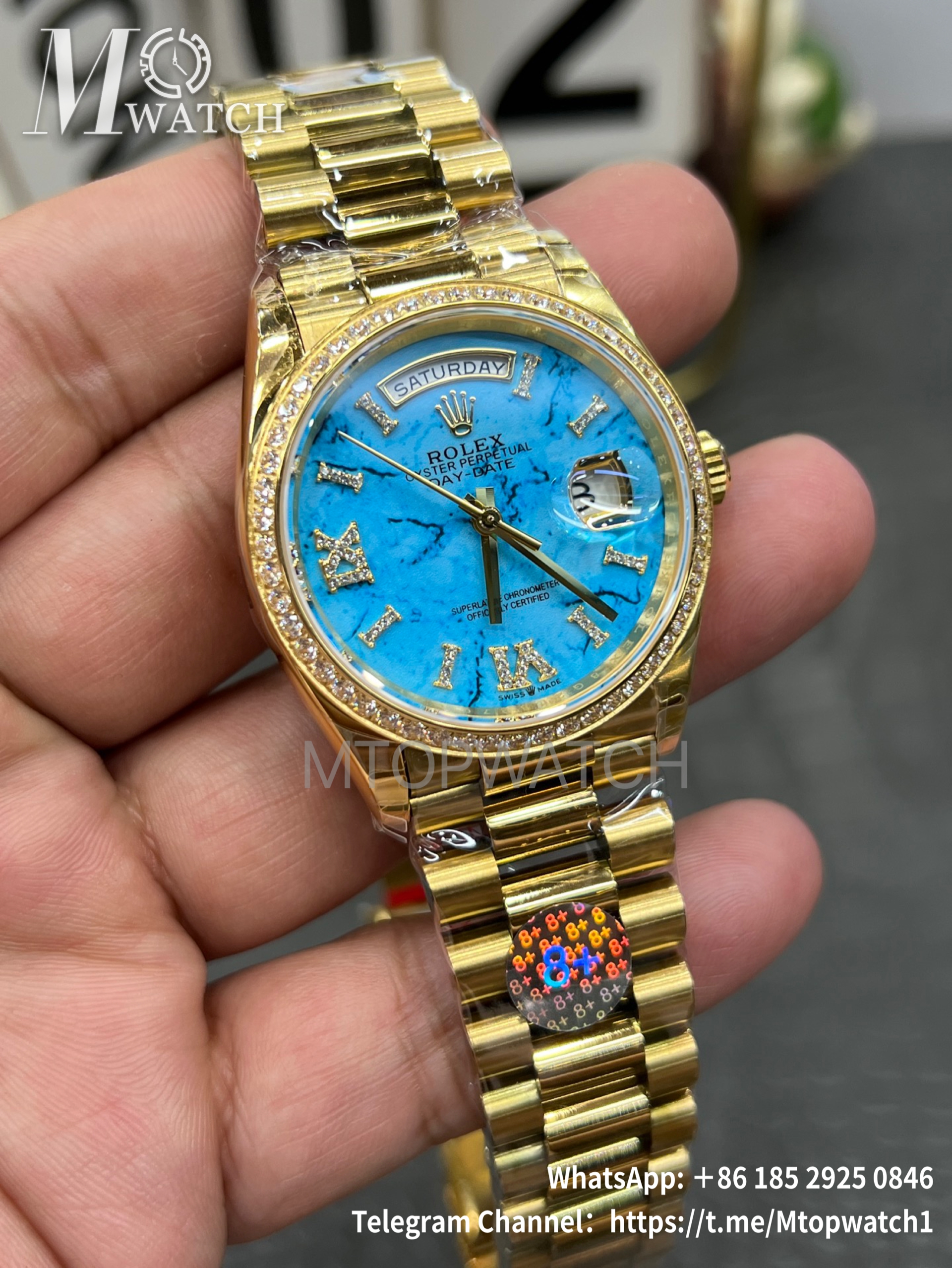 ROLEX - SUPER CLONE DayDate 128238 36mm YG/YG Turquoise/Dia A2836 Gold Wrapped