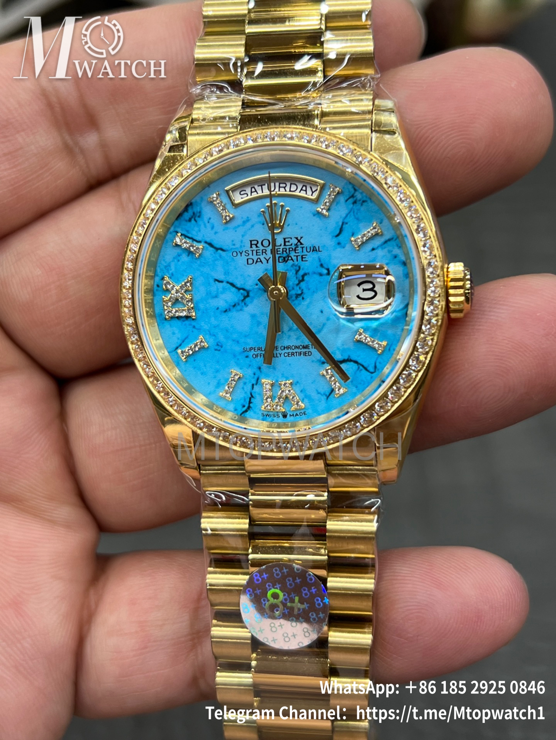 ROLEX - SUPER CLONE DayDate 128238 36mm YG/YG Turquoise/Dia A2836 Gold Wrapped