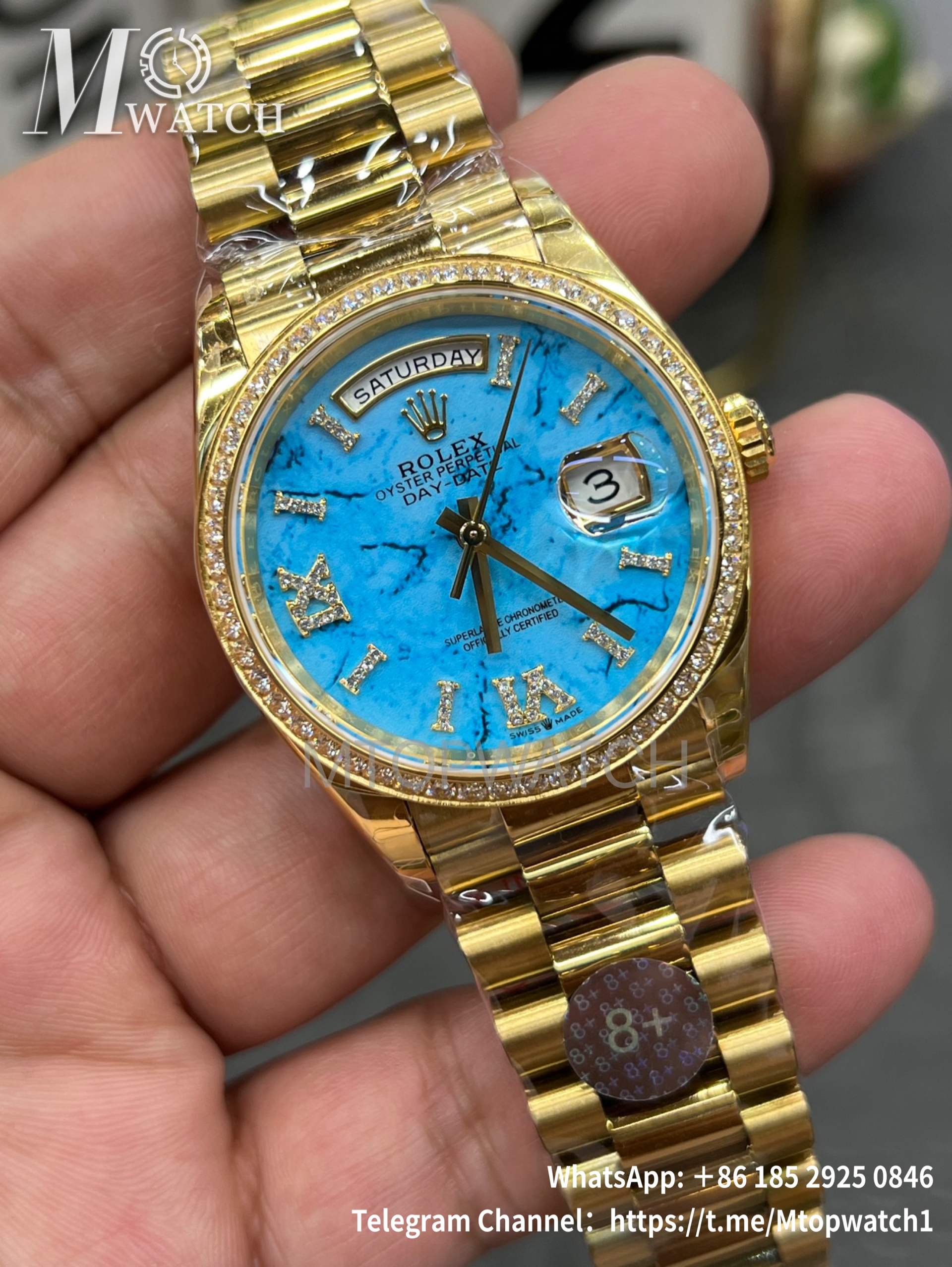 ROLEX - SUPER CLONE DayDate 128238 36mm YG/YG Turquoise/Dia A2836 Gold Wrapped