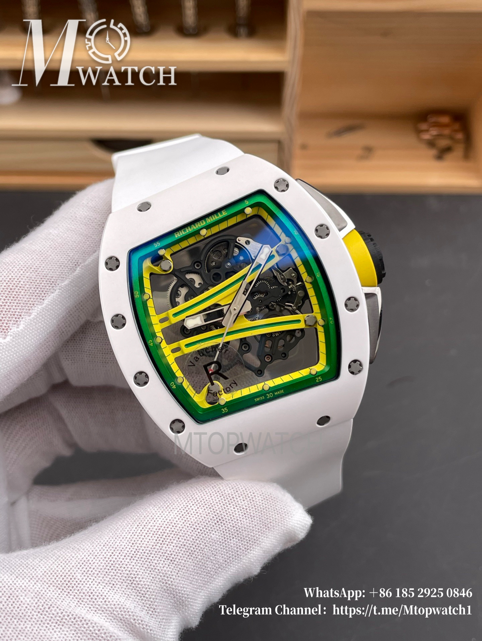 RICHARD MILLE - VAUCHER SUPER CLONE RM61-01 White Ceramic/RU Skeleton Dial Green Inner Bezel